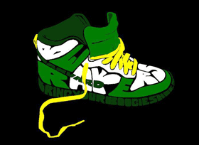Graphic of the words "Harvard Breakers" written in green and white in th shape of sneakers with yellow shoelaces.