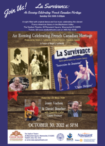 "La survivance" poster with multiple photos of people, some black and white, some in color, some still and others with movement.