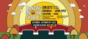 Dancing on the charles promotional graphic with concentrical circles in different shades of yellow resembling a sunset. The graphic also includes a bridge and trees along the riverside.