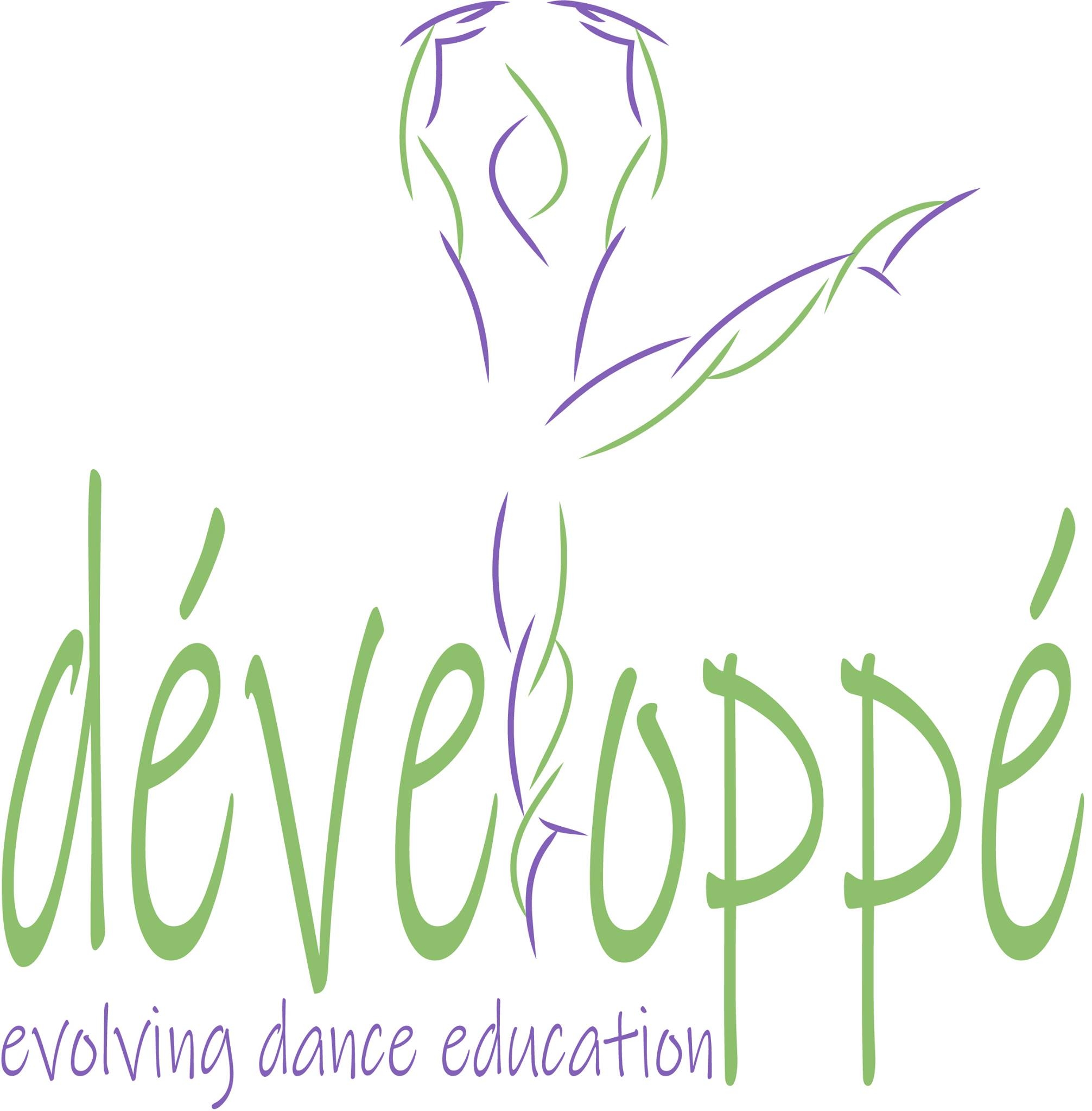 Développé logo: sketch of dancer with arms in high 5th and high extended left leg.