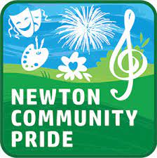 Newton Community Pride logo with illustrations symbolizing different art forms over a green field under blue clear skies.