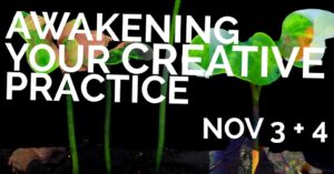 "Awakening your creative practice" written in white over a dark background with four green stems with few leaves on them.