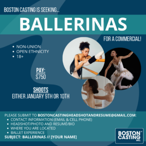 Boston casting call for ballerinas with three images of ballerinas.