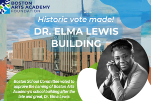 Poster with information about approval of building name change displayed over a photo of the Boston Arts Academy building and a headshot of Dr. Elma Lewis.