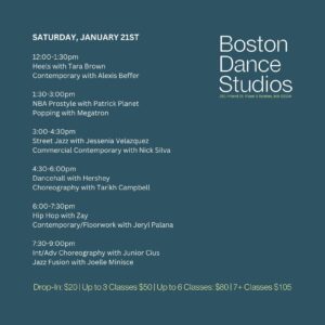 Boston Dance Studios marathon schedule. Please see website for details.