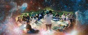Abstract graphic of a large group of people having a picnic in outer space.