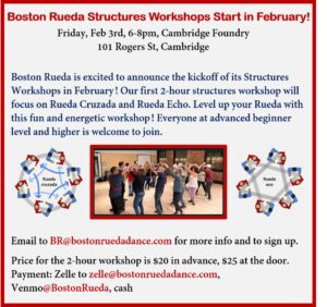Rueda poster with event information written in blue and red over a white background with a centered photo of rueda dancers in two circles dancing