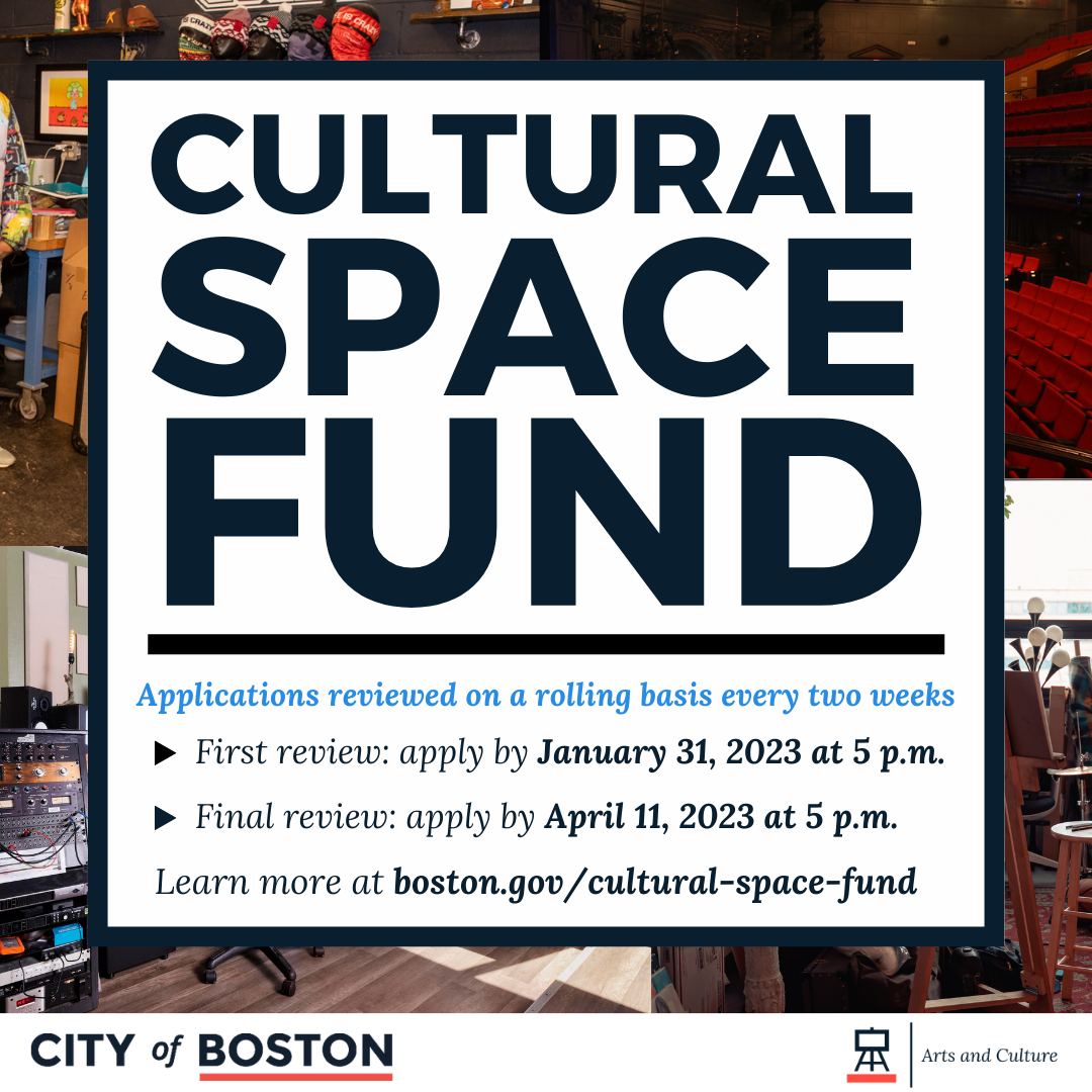 Cultural Space Fund poster with application information written in black inside a white box