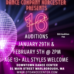Poster with huge disco ball on the left side and audition information displayed over the disco ball lit background.