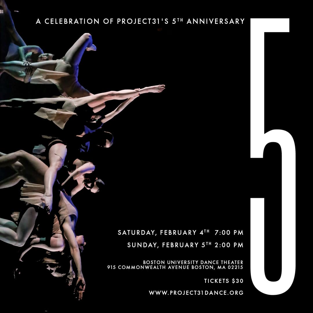 Project 31 dancers' performance photo rotated 90 degrees so that the ground is on the left edge of the image. Event information is written in white over black background and a big number 5 is on the right side of the image.