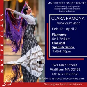Workshop poster with event information on the right side and a photo of Clara Ramona in typical flamenco attire reaching both arms over head and back while holding a purple shawl.