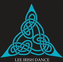 Lee Irish Dance triangular shaped logo in light blue over black background.
