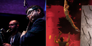 Two photos side by side: on the left two musicians play wind instruments; on the right two acrobats perform, one hanging from a high place and the other below ready for a catch.