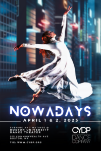 NOWADAYS poster with photo of a dancer in a long white dress with long sleeves arching their back and seeming to fall forwards as they reach one arm up, one arm side ways and both legs back (one higher than the other).