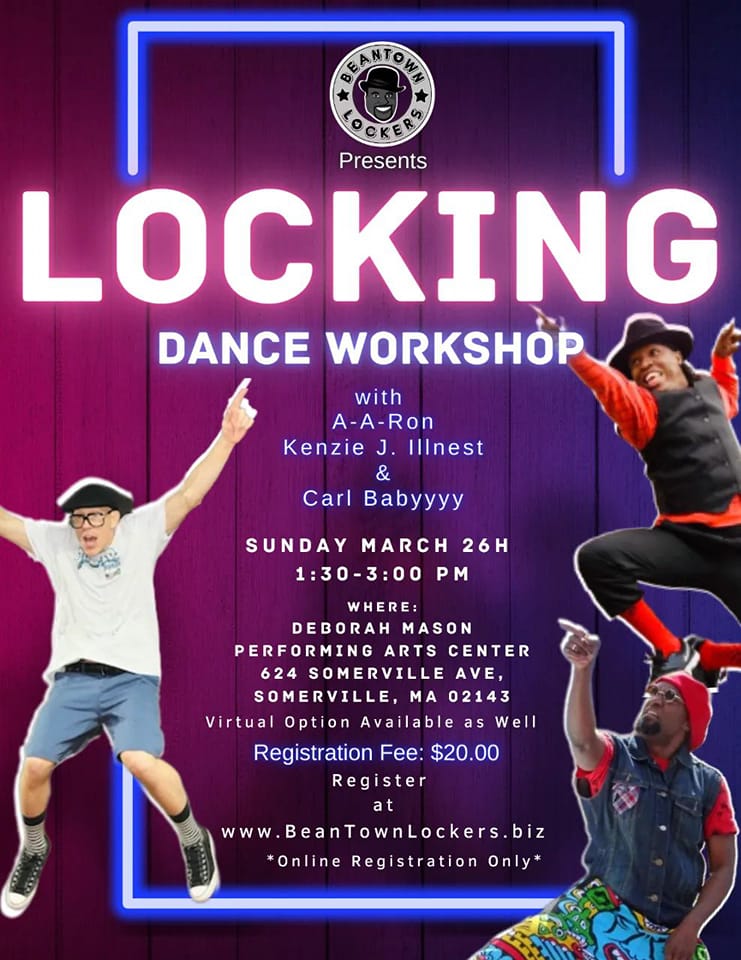 Locking Workshop poster with instructors' photos and information about the workshop displayed inside a neon rectangle
