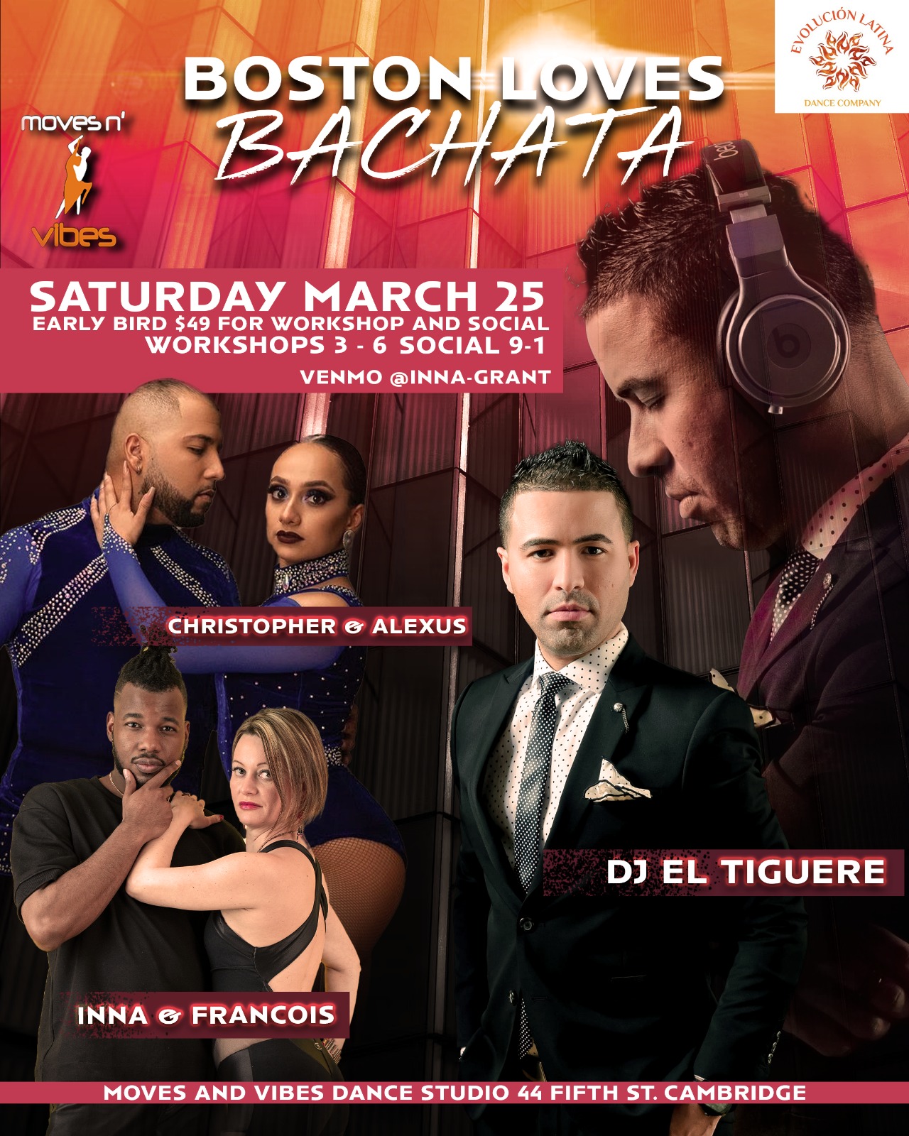 Boston Loves Bachata Poster with event information and photos of featured artists.