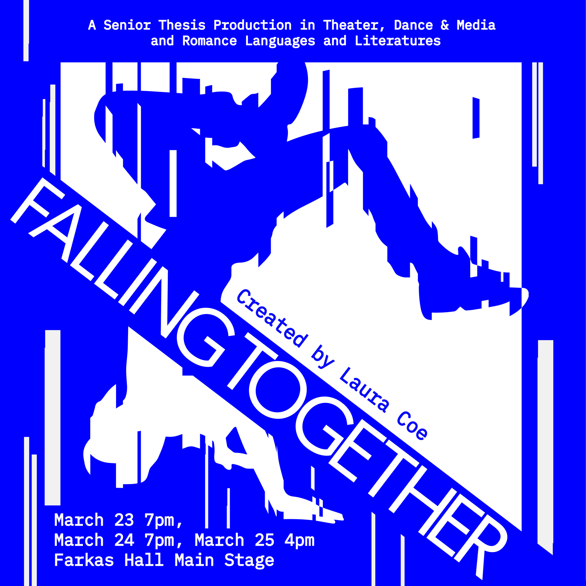 Falling together poster designed in blue and white. Illustration of dancer in an inversion with legs staggered and event information displayed across and on the borders of the the image.