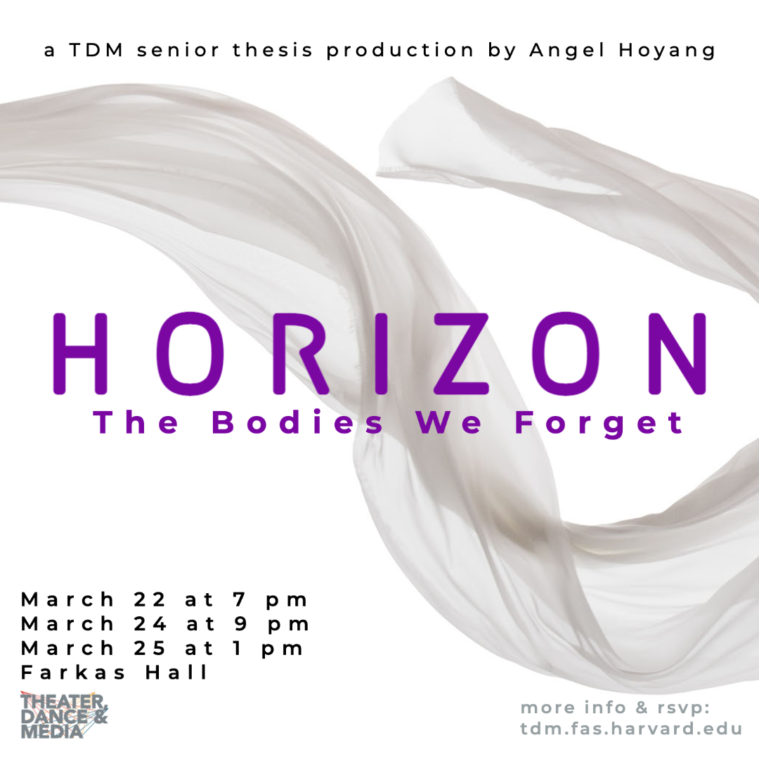 HORIZON poster with title in purple over a mostly white image of a white fabric tossed in the air creating a tilted figure "S"