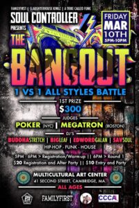 Bangout Boston poster with colorful graffiti-like illustrations as a background for event information.