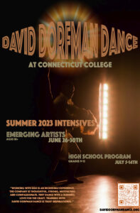 David Dorfman Dance Summer Intensives poster with information about the intensives displayed over a photo of two dancers partnering on stage.