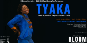 Tyaka poster with photo of dancer in all blue and long colorful necklaces, with hands on hips smiling and facing the front left corner.