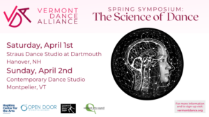 VDA's The Science of Dance poster with event information in purple over a white background and a profile illustration of a human's head with an x-ray like view of the brain.