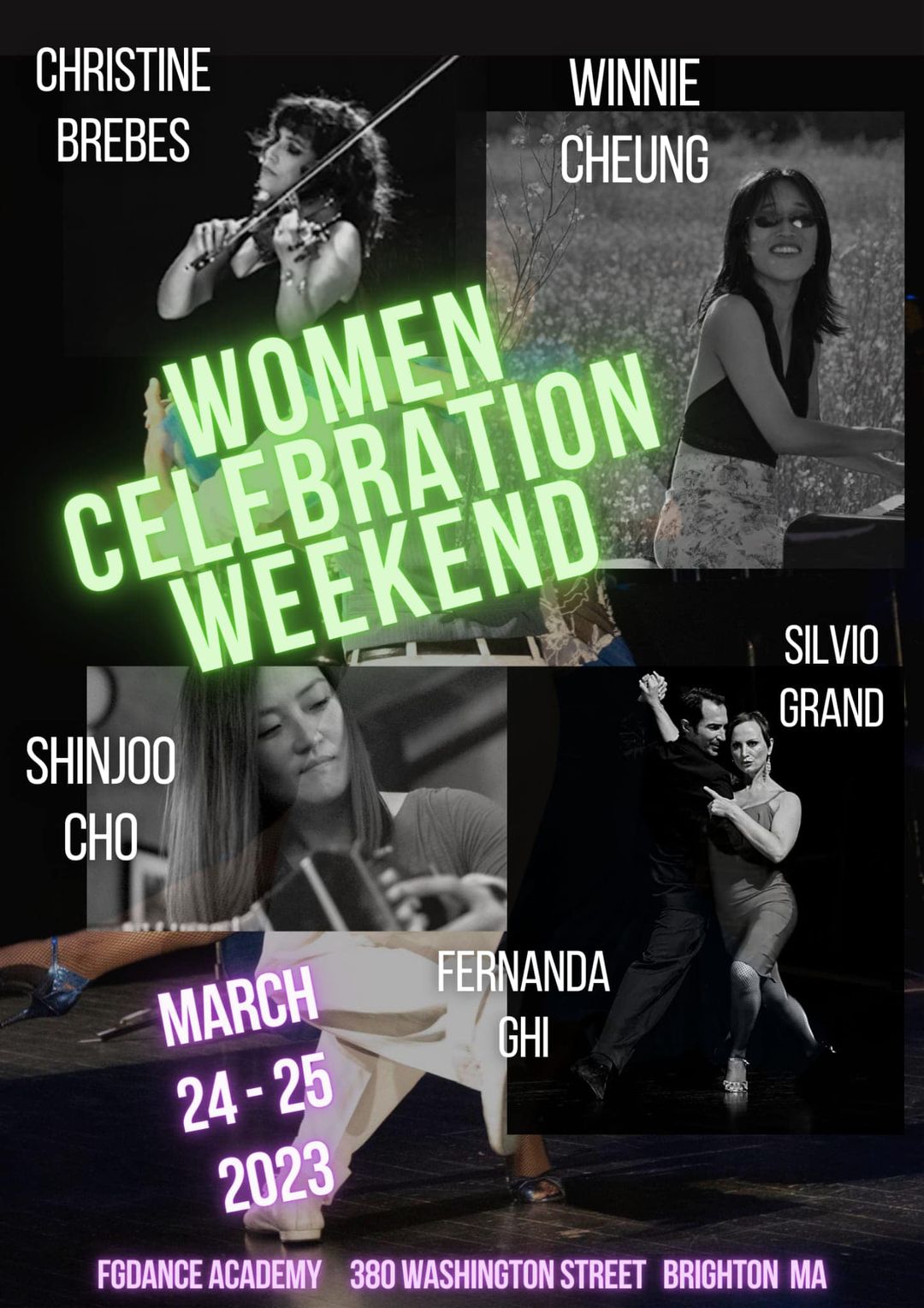 Black and white collage of women in tango with weekend programing information displayed in neon colors.