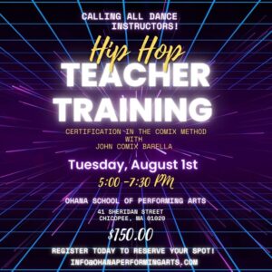 Hip Hop teacher training poster with event information displayed over futuristic neon background.