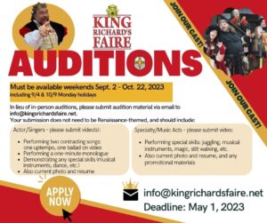 King Richard's Faire Audition notice with audition information displayed on a graphic with yellow and red higlights.