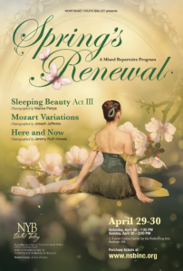 Spring's Renewal poster with event information displayed over illustrated photo of ballerina sitting on the floor, facing back, with one leg bent and one leg extend back