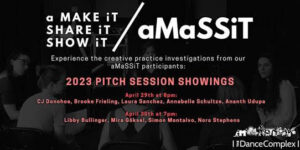 aMaSSiT pitch sessions poster with event information displayed in white and pink font over a darkened photo of a circle of artists having a conversation.