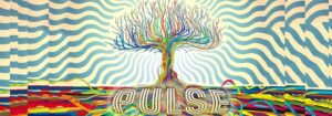 Vibrant colored wavey design of a tree in the center of a vast space and the roots spell out "PULSE"