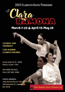 Flamenco Workshop poster with black and white collage of Clara Ramona in 3 different performances and workshop information to the left side.