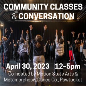 Community Classes & conversation poster with multiple participants in a room with their backs to the camera raising their arms up and slightly gazing up to their hands.