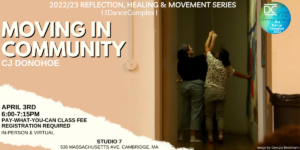 Moving in Community poster with event information and photo of two people holding hands above their heads and facing away from the camera.