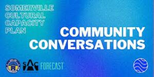 Community Conversations banner with hues of blue as a background.