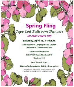 Spring Fling poster with evet information in the center of the poster over a white background and pink flowers frame the information.