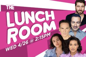 Pink and white poster for "The Lunch Room" with event date and time and Evita's cast members photos.