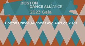Boston Dance Alliance Gala Auction poster with multiple orange, peach and blue triangles stacked together.