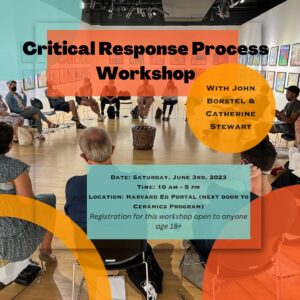 Critical Response Process Workshop poster with event information displayed in colorful text boxes over an image of people gathered sitting in a circle.
