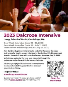 2023 Dalcroze Intensive with intensive information and photo oof dancers hinging back and reaching one arm forward as they bend the other backwards.