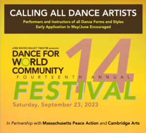 Dance for World Community Festival poster with call for dance artists information over yellow background.
