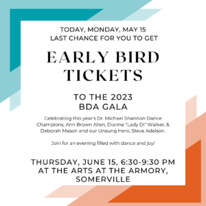 Early bird pricing for gala tickets reminder with event information over a white square framed by blue and orange triangles.