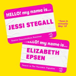 Yellow poster with two wrinkled vibrant pink "hello! my name is..." labels with artists' names and event date.