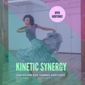 Kinetic Synergy audition poster with photo of a dancer twsiting upper body while holding on to a long skirt.