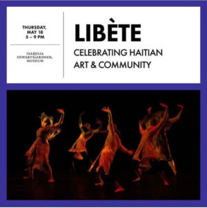 Libète poster with dark photo of JAE dancers in performance lit in warm colors, bending their knees and opening arms upwards.