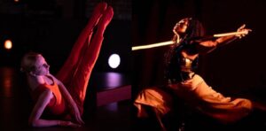 collage of two dim performance photos: on the left, a dancer sits on one hip and leans on forearm while lifting both legs up; on the right, dancer in a deep lunge holds on to large stick behind neck and extends arms.