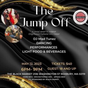 The Jump Off poster with event information displayed over a black and gold satin-like background.