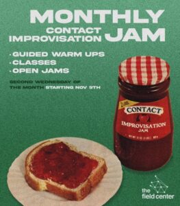 Monthly contact improvisation poster with illustration of jar of jam and a slice of bread with jam on a paper plate