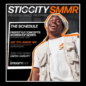 Stiggity Summer poster with artist's smiling photo alongside event information.